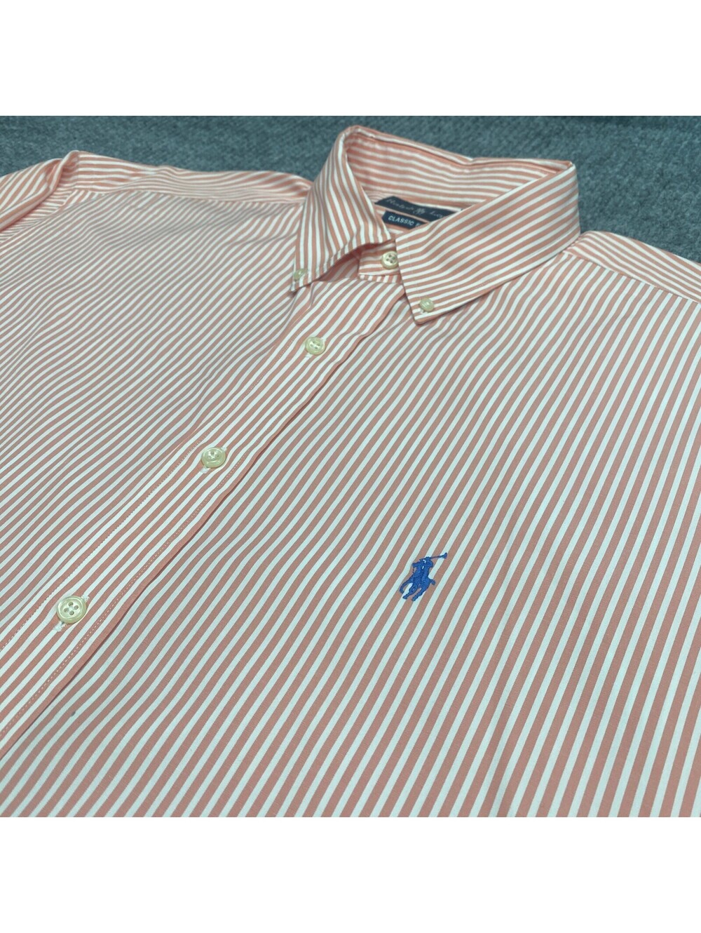 VTG Ralph Lauren Shirt Men XL 17.5 Classic Fit Coral White Pinstripe Button Down